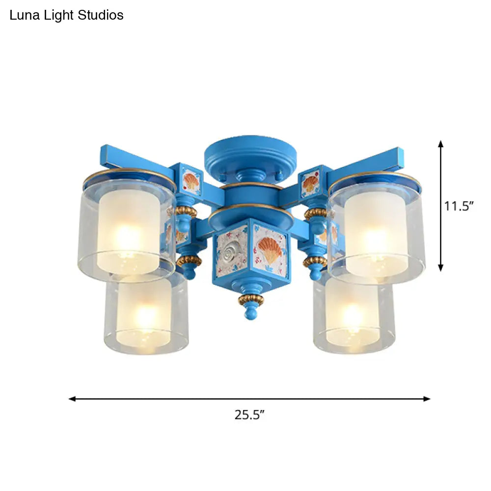 Coastal Blue Playroom Chandelier With Dual Clear And Opaline Glass Shades - Semi Flush Mount