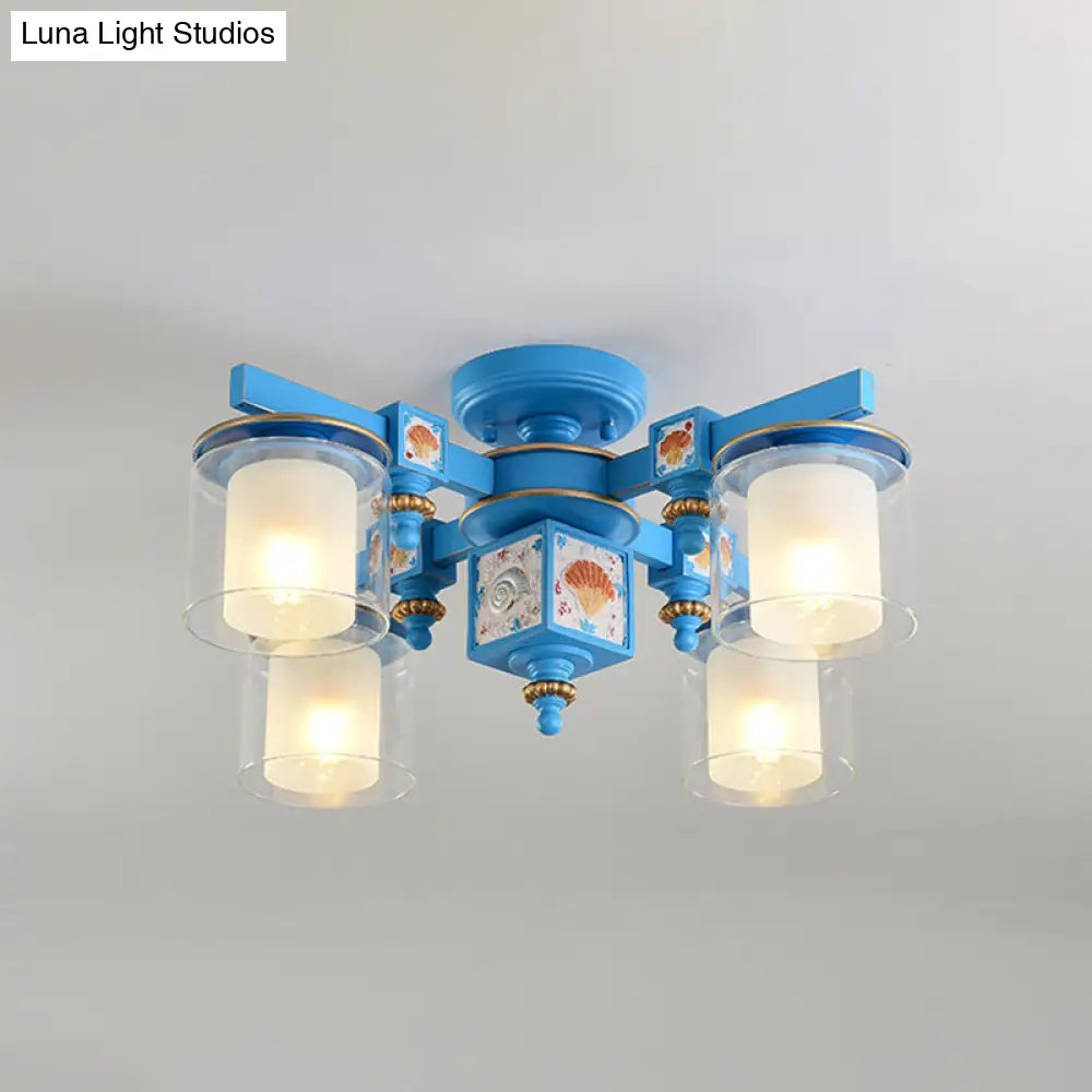 Coastal Blue Playroom Chandelier With Dual Clear And Opaline Glass Shades - Semi Flush Mount