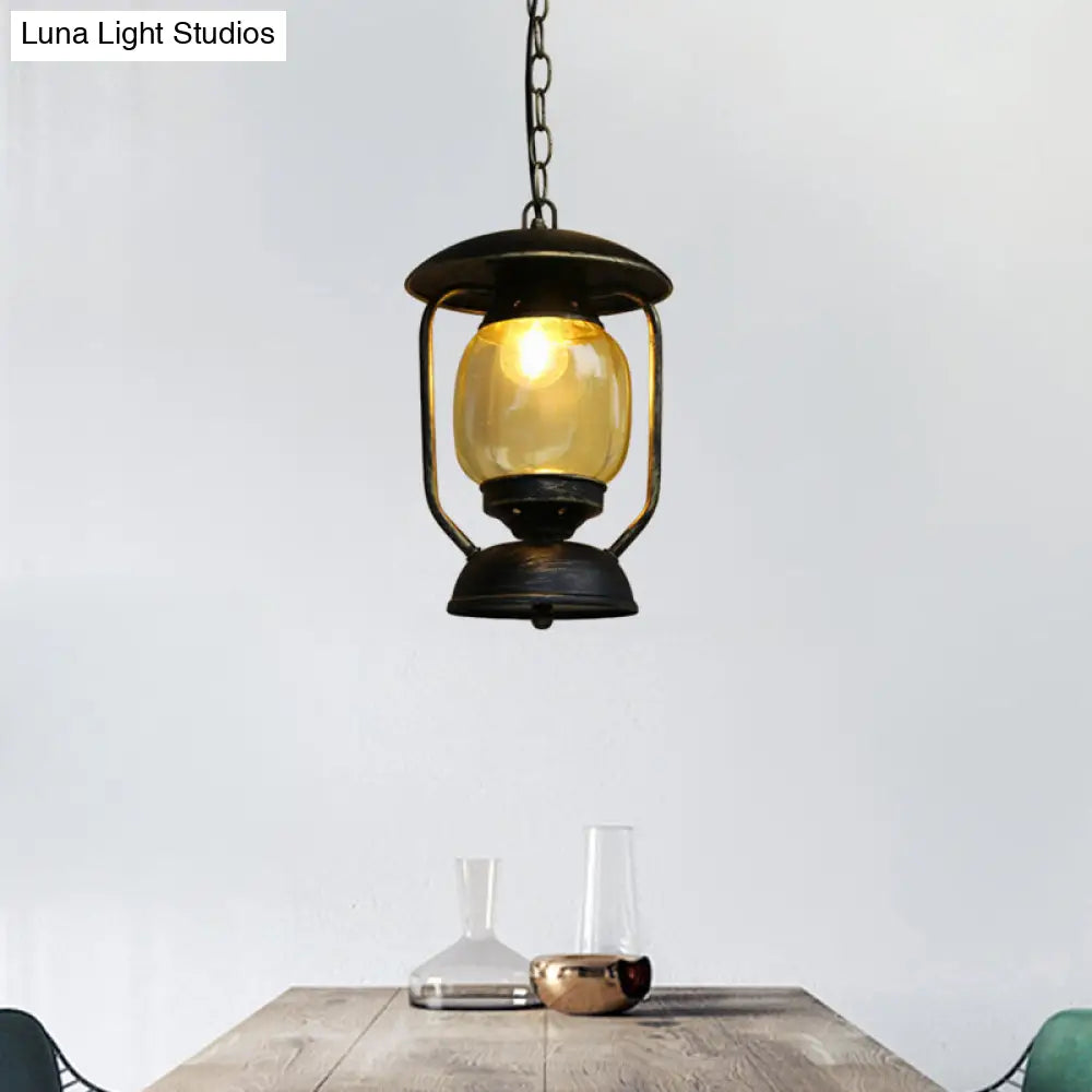 Coastal Brass/Bronze Kerosene Glass Pendant Light - Yellow 1-Light Metal Ceiling Fixture