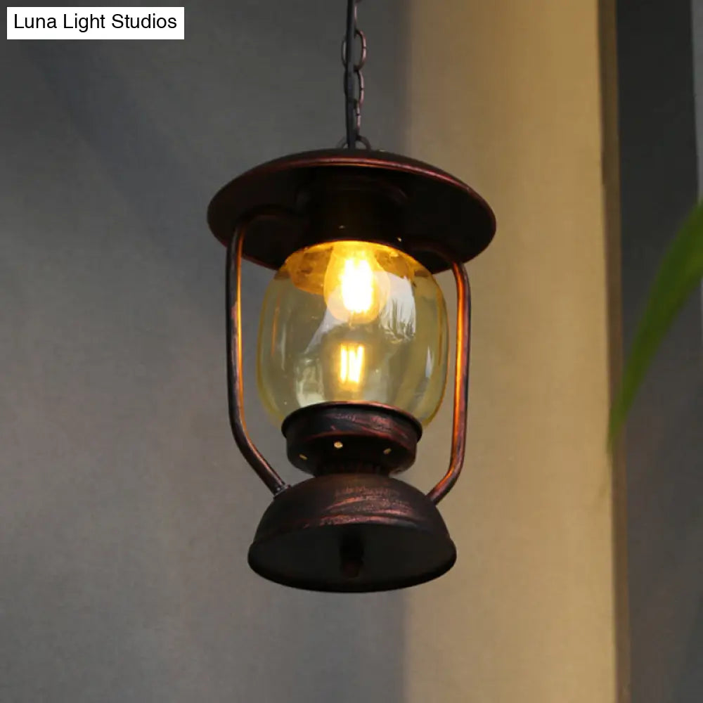 Coastal Brass/Bronze Kerosene Glass Pendant Light - Yellow 1-Light Metal Ceiling Fixture Copper