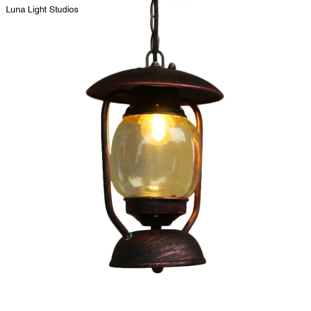 Coastal Brass/Bronze Kerosene Glass Pendant Light - Yellow 1-Light Metal Ceiling Fixture