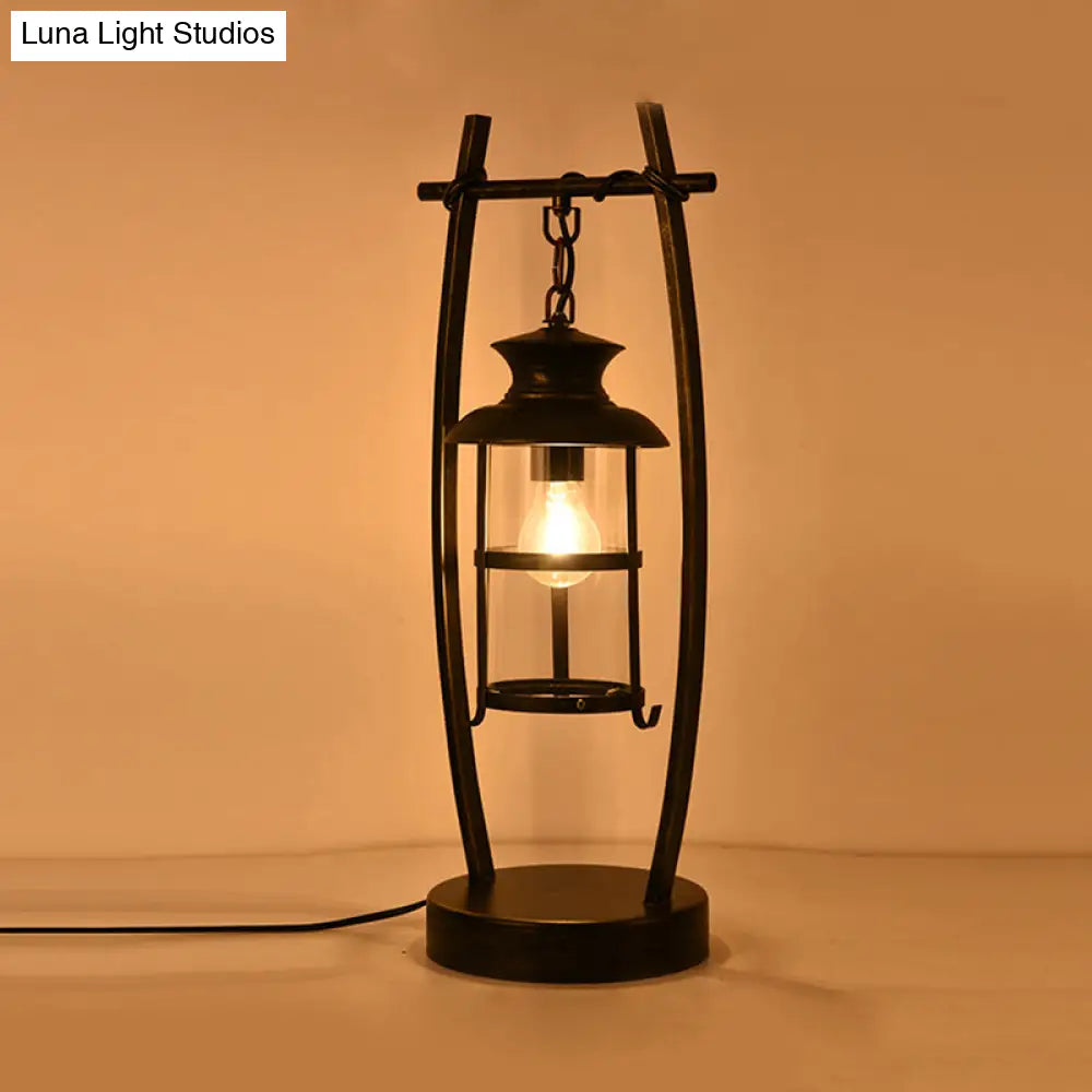 Coastal Brass Desk Lamp With Clear Glass Lantern Shade - 1 Light Oval Frame