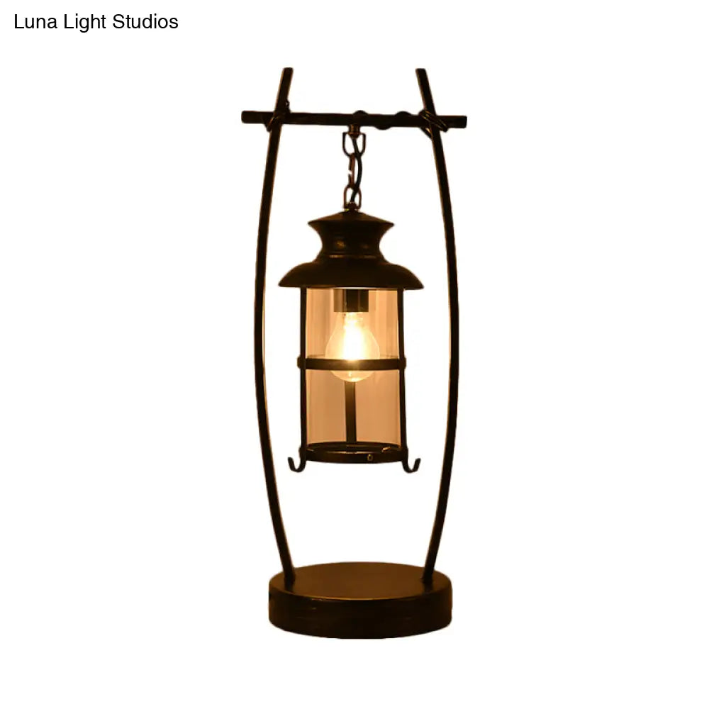 Coastal Brass Desk Lamp With Clear Glass Lantern Shade - 1 Light Oval Frame