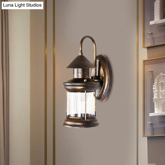 Coastal Brass Metallic Lantern Wall Mount Lamp With Curvy Arm - 1 Bulb Sconce