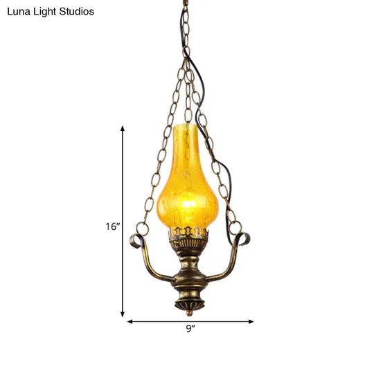 Coastal Brass Pendant Lamp With Yellow Crackle Glass Shade