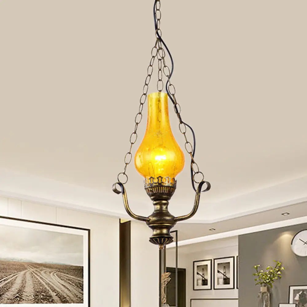 Coastal Brass Pendant Lamp With Yellow Crackle Glass Shade