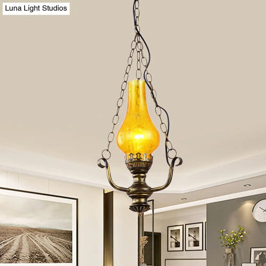 Coastal Brass Finish Pendant Lamp With Yellow Crackle Glass Shade - 1 Light