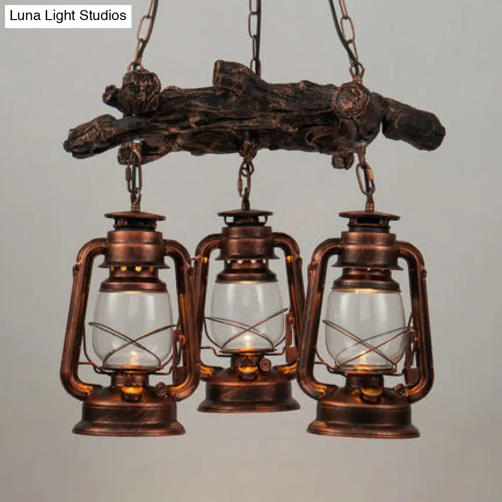 Coastal 3-Light Kerosene Clear Glass Chandelier In Bronze/Copper - Dining Room Pendant Lighting