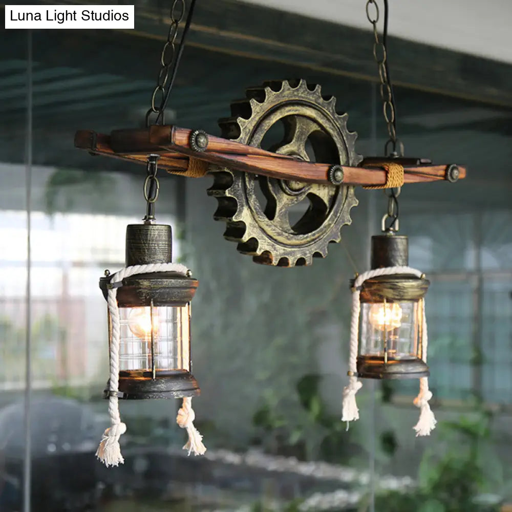 Coastal Bronze Hanging Chandelier: 2 Light Ceiling With Clear Glass & Kerosene Styling