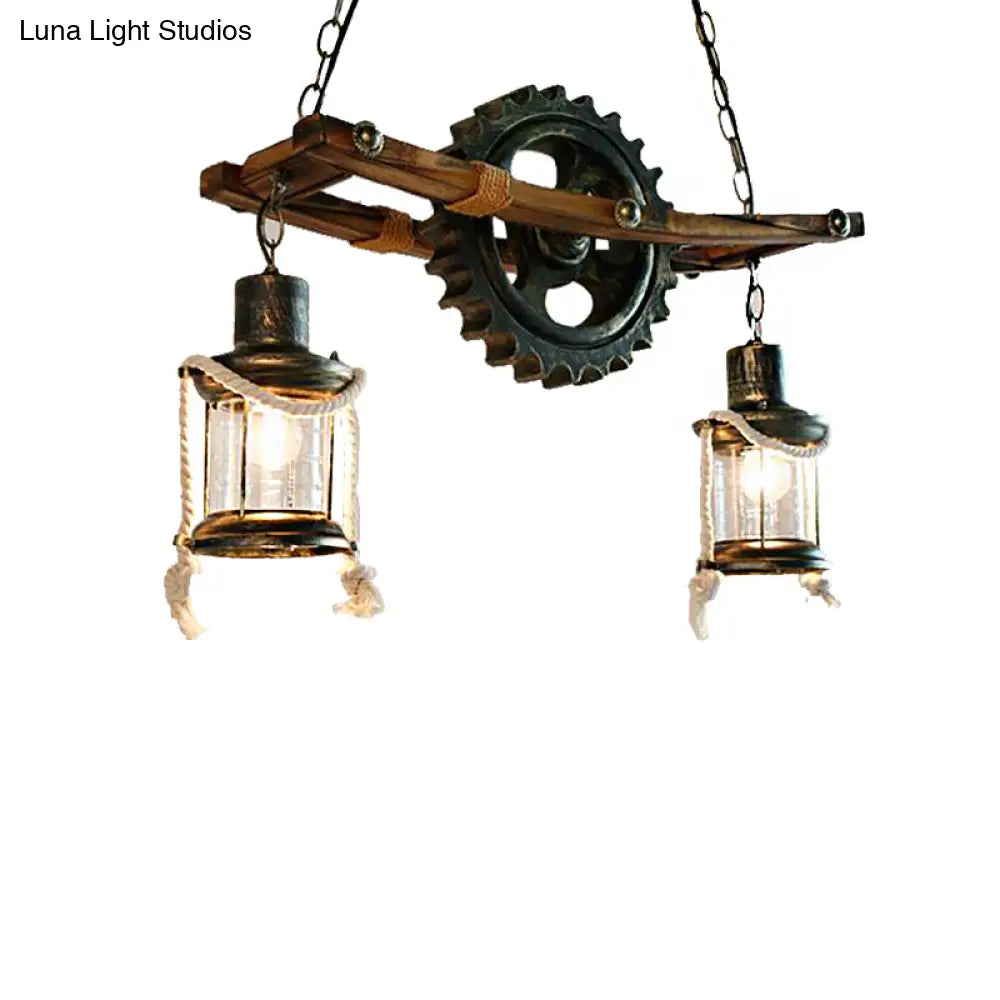 Coastal Bronze Hanging Chandelier: 2 Light Ceiling With Clear Glass & Kerosene Styling