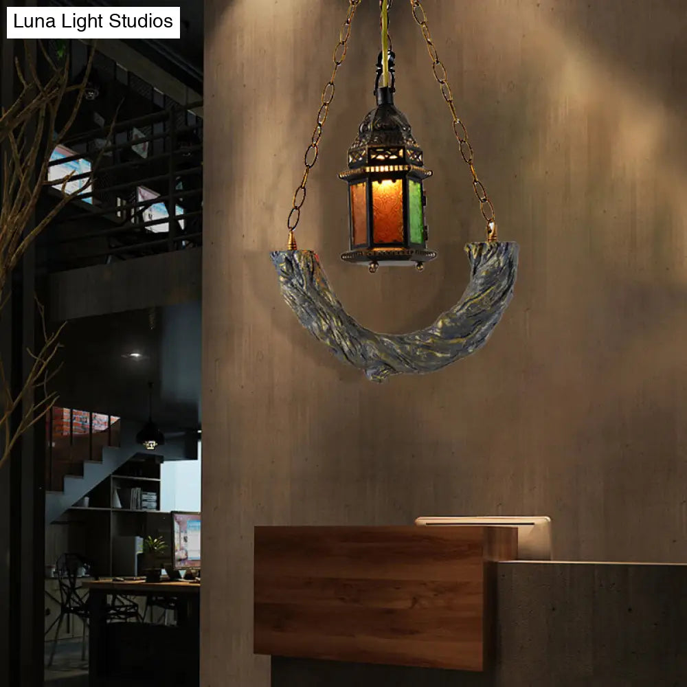 Coastal Bronze Kerosene Pendant Light With Clear Textured Glass - 1-Light Ceiling Hanging Lamp