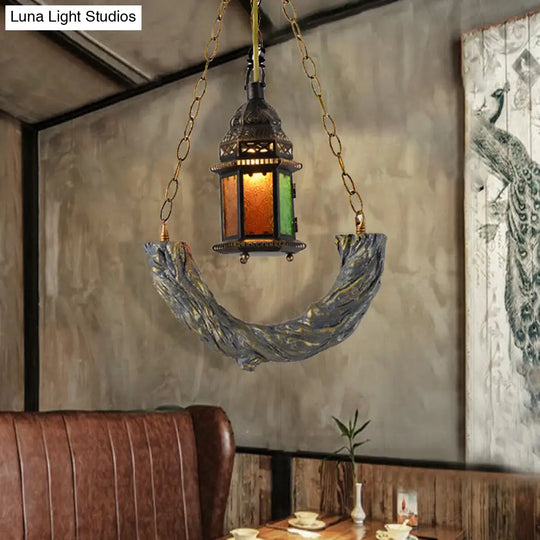 Coastal Bronze Kerosene Pendant Light With Clear Textured Glass - 1-Light Ceiling Hanging Lamp