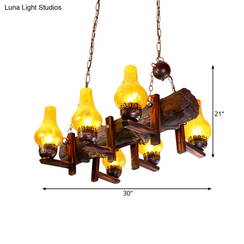 Coastal Brown Island Pendant Lamp With Yellow Crackle Glass Vase Shade And Resin Linear Beam - 6