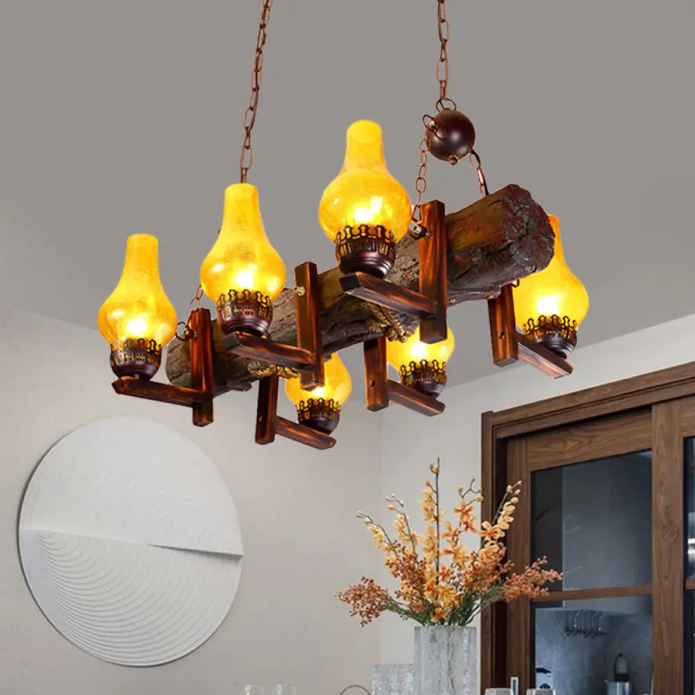 Coastal Brown Island Pendant Lamp With Yellow Crackle Glass Vase Shade And Resin Linear Beam - 6