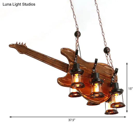 Coastal Brown Lantern Chandelier With Clear Glass And Wooden Accents - 6-Light Pendant Fixture For