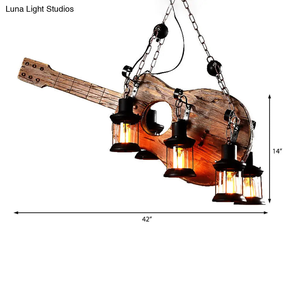 Coastal Brown Lantern Chandelier With Clear Glass And Wooden Accents - 6-Light Pendant Fixture For