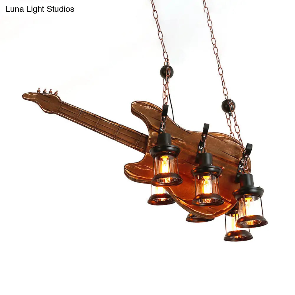 Coastal Brown Lantern Pendant Light With 6-Light Clear Glass Chandelier - Wood Accent For Living