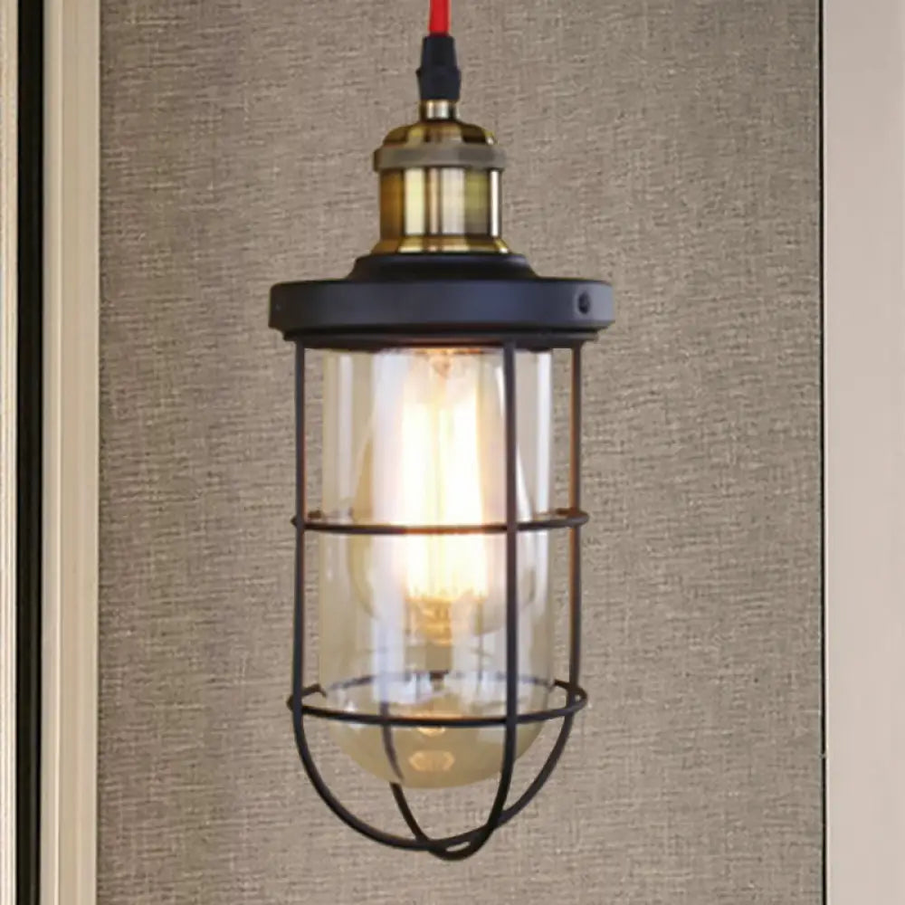 Coastal Caged Lantern Ceiling Pendant Light - Clear Glass Hanging Lamp For Coffee Shop In Black