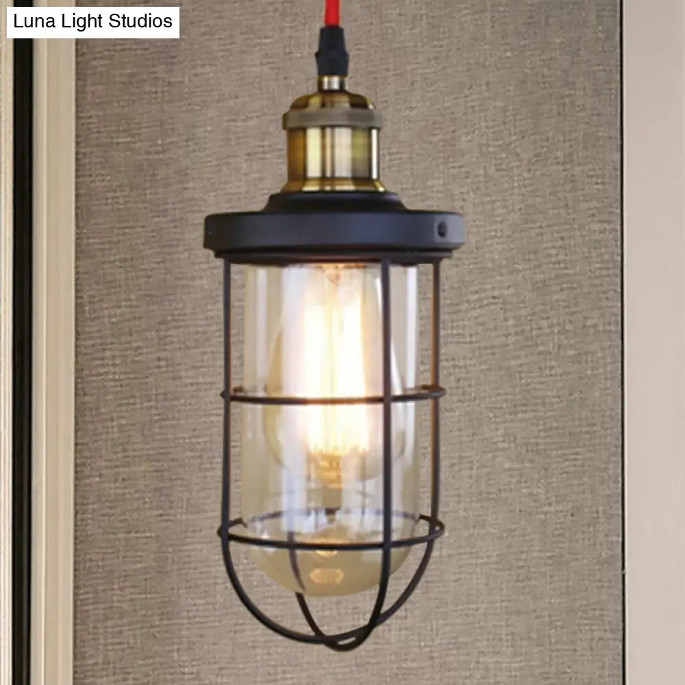 Coastal Caged Lantern Hanging Lamp With Clear Glass For Coffee Shop - Black