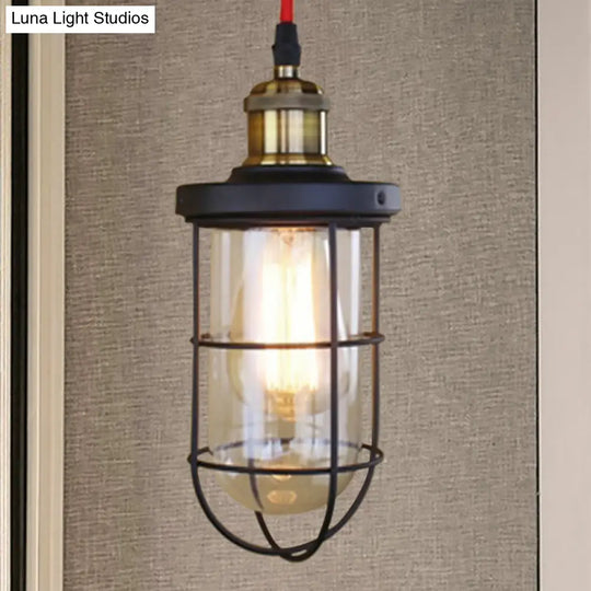 Coastal Caged Lantern Hanging Lamp With Clear Glass For Coffee Shop - Black