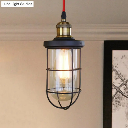 Coastal Caged Lantern Hanging Lamp With Clear Glass For Coffee Shop - Black