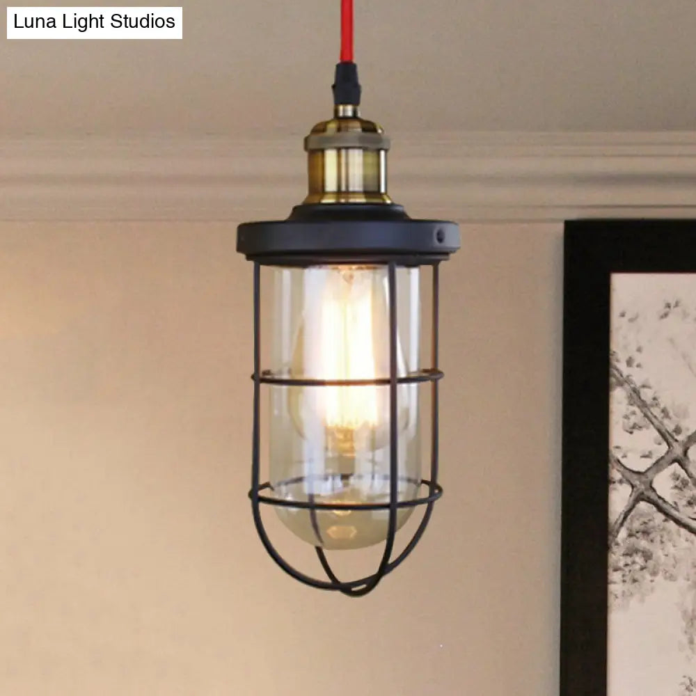 Coastal Caged Lantern Ceiling Pendant Light - Clear Glass Hanging Lamp For Coffee Shop In Black