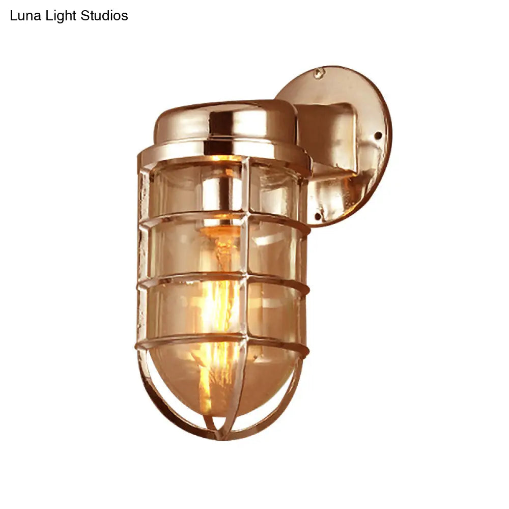 Coastal Caged Wall Lighting Fixture - Clear Glass Sconce Light For Kitchen Brass/Copper/Chrome