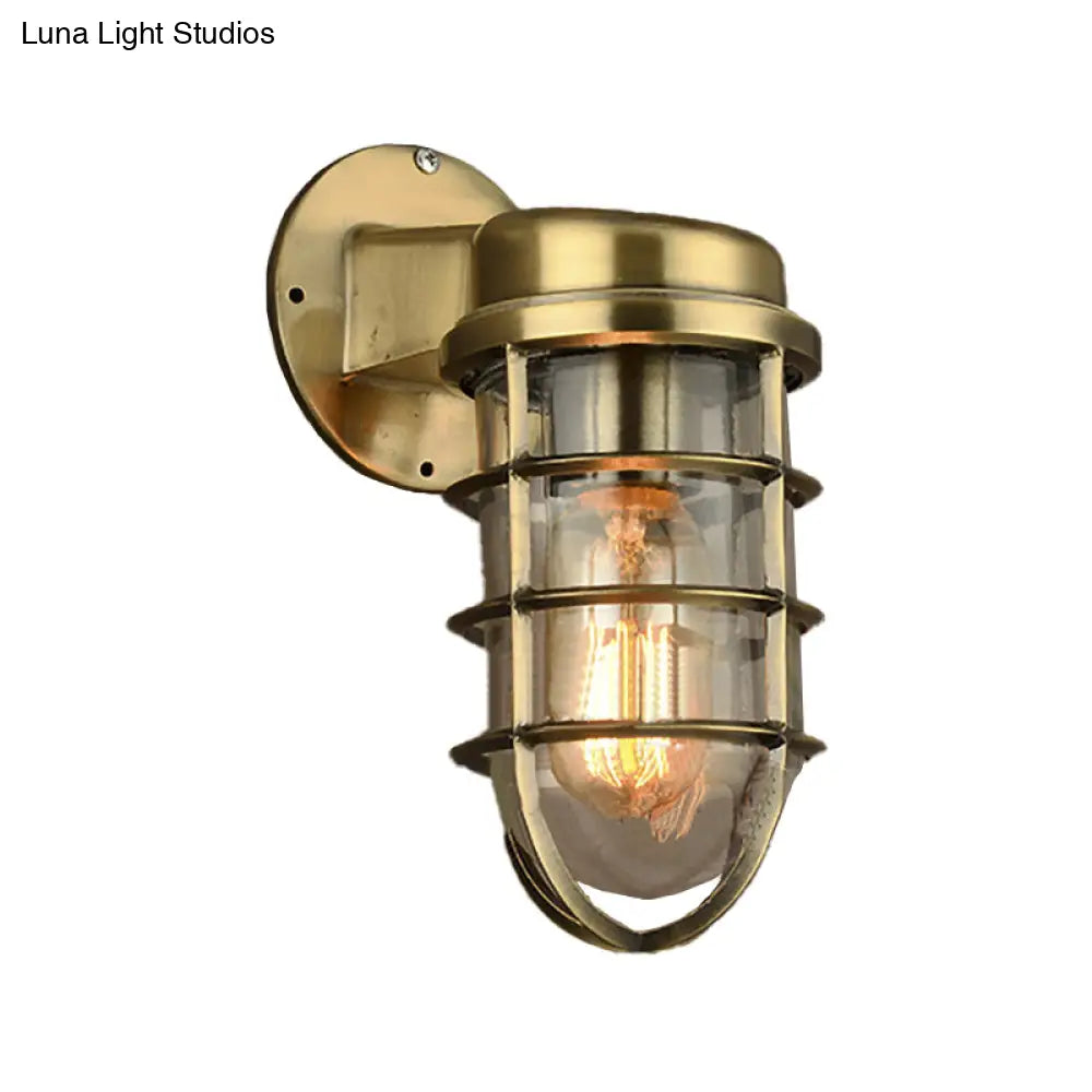 Coastal Caged Wall Lighting Fixture - Clear Glass Sconce Light For Kitchen Brass/Copper/Chrome