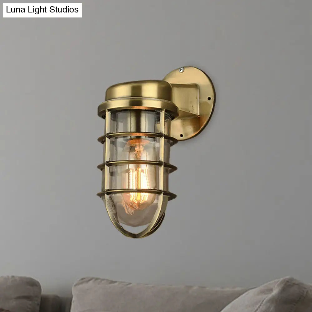 Coastal Caged Wall Lighting Fixture - Clear Glass Sconce Light For Kitchen Brass/Copper/Chrome