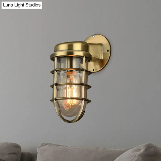 Coastal Caged Wall Lighting Fixture - Clear Glass Sconce Light For Kitchen Brass/Copper/Chrome