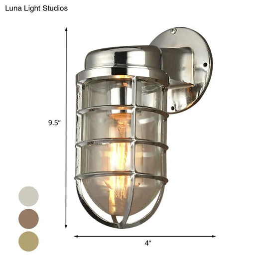 Coastal Caged Wall Lighting Fixture - Clear Glass Sconce Light For Kitchen Brass/Copper/Chrome