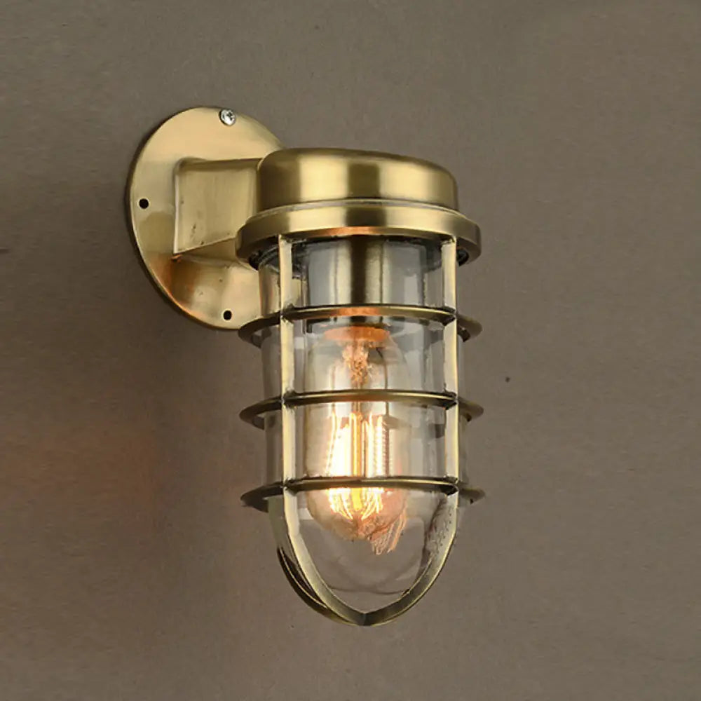 Coastal Caged Wall Lighting Fixture - Clear Glass Sconce Light For Kitchen Brass/Copper/Chrome