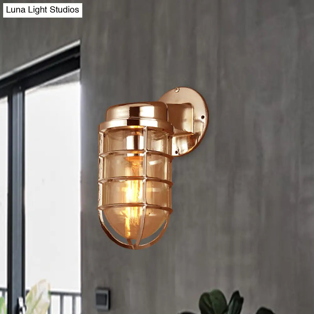 Coastal Caged Wall Lighting Fixture - Clear Glass Sconce Light For Kitchen Brass/Copper/Chrome