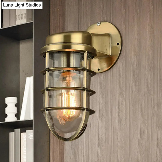 Coastal Caged Wall Lighting Fixture - Clear Glass Sconce Light For Kitchen Brass/Copper/Chrome