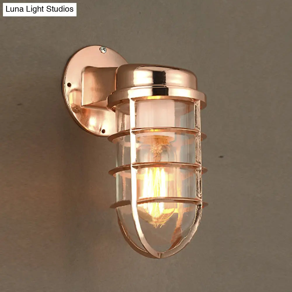 Coastal Caged Wall Lighting Fixture - Clear Glass Sconce Light For Kitchen Brass/Copper/Chrome