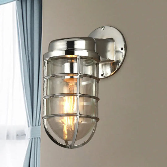 Coastal Caged Wall Lighting Fixture - Clear Glass Sconce Light For Kitchen Brass/Copper/Chrome