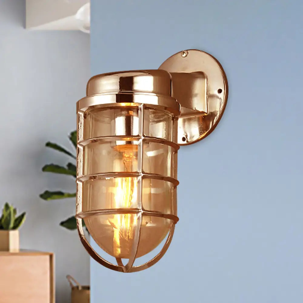 Coastal Caged Wall Lighting Fixture - Clear Glass Sconce Light For Kitchen Brass/Copper/Chrome