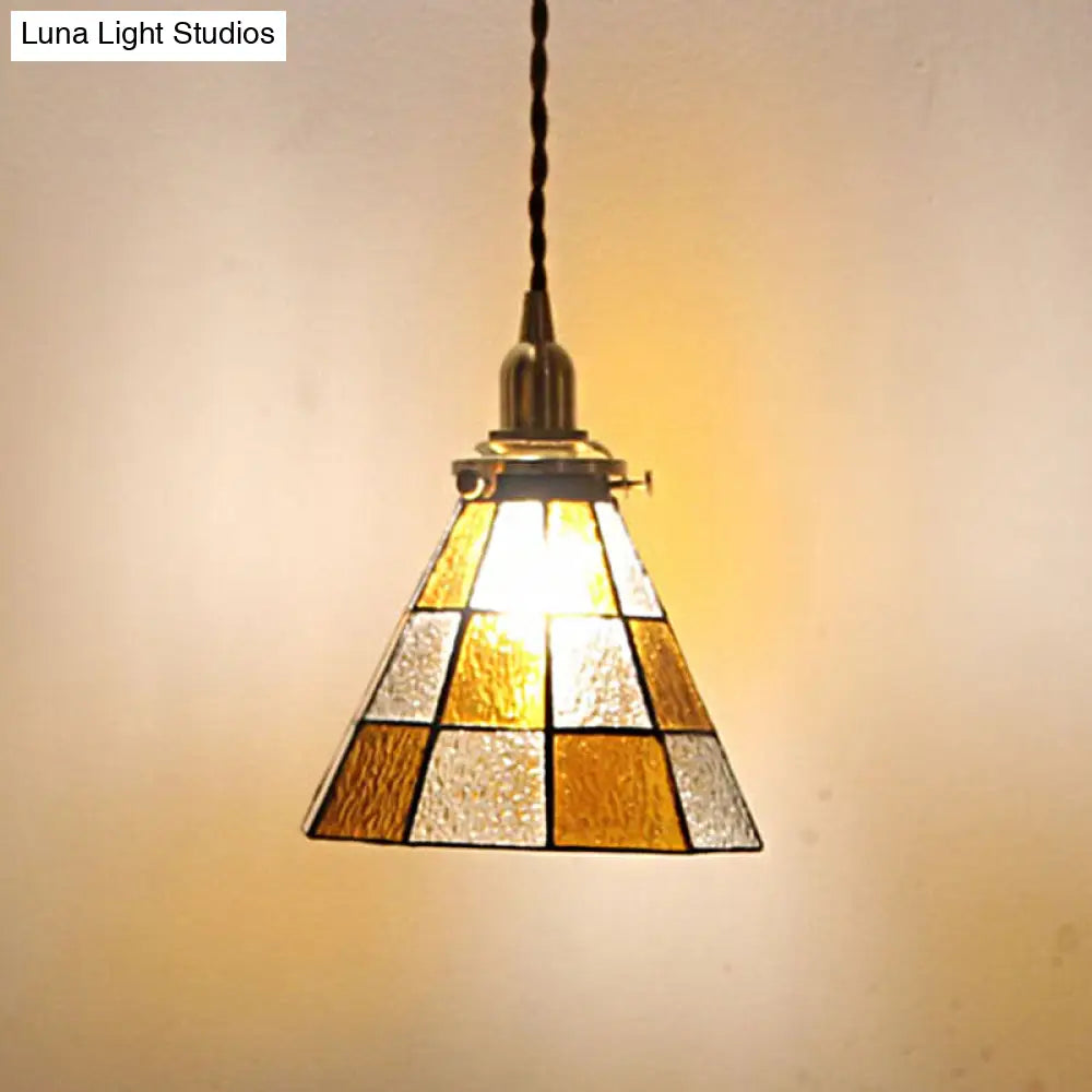 Clear And Brown Coastal Checkered Pendant Lamp With Mosaic Glass Brass Finish
