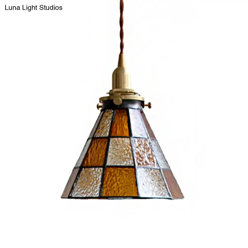 Clear And Brown Coastal Checkered Pendant Lamp With Mosaic Glass Brass Finish