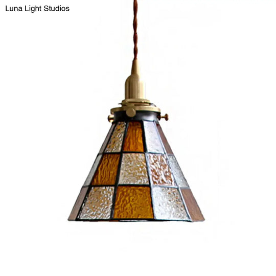 Clear And Brown Coastal Checkered Pendant Lamp With Mosaic Glass Brass Finish