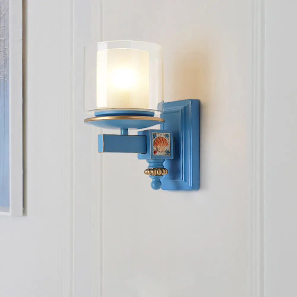 Coastal Clear And Opal Glass Wall Mount Lamp With Dual Columns - Sky Blue Lighting