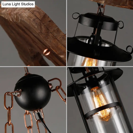 Coastal Clear Glass Pendant Light For Restaurants - Wood 1-Head Cylindrical Ceiling Fixture