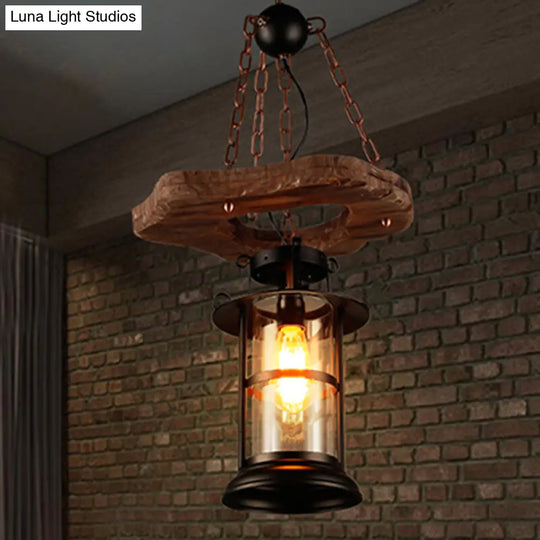 Coastal Clear Glass Pendant Light For Restaurants - Wood 1-Head Cylindrical Ceiling Fixture