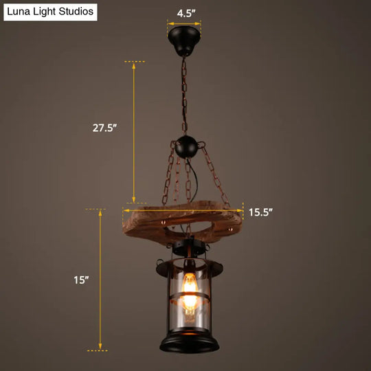 Coastal Clear Glass Pendant Light For Restaurants - Wood 1-Head Cylindrical Ceiling Fixture