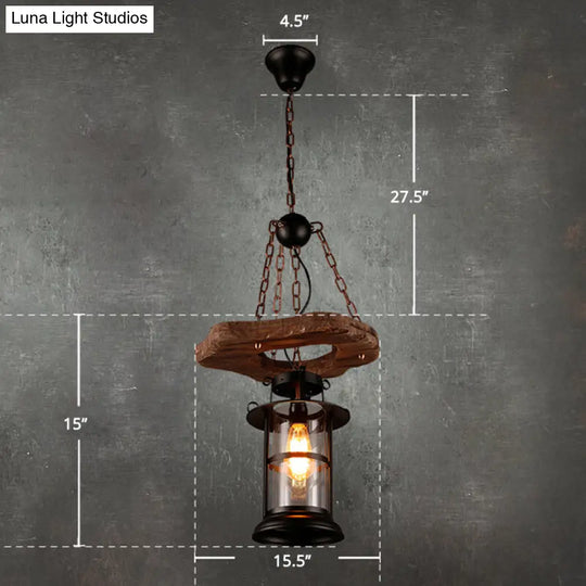 Coastal Clear Glass Pendant Light For Restaurants - Wood 1-Head Cylindrical Ceiling Fixture