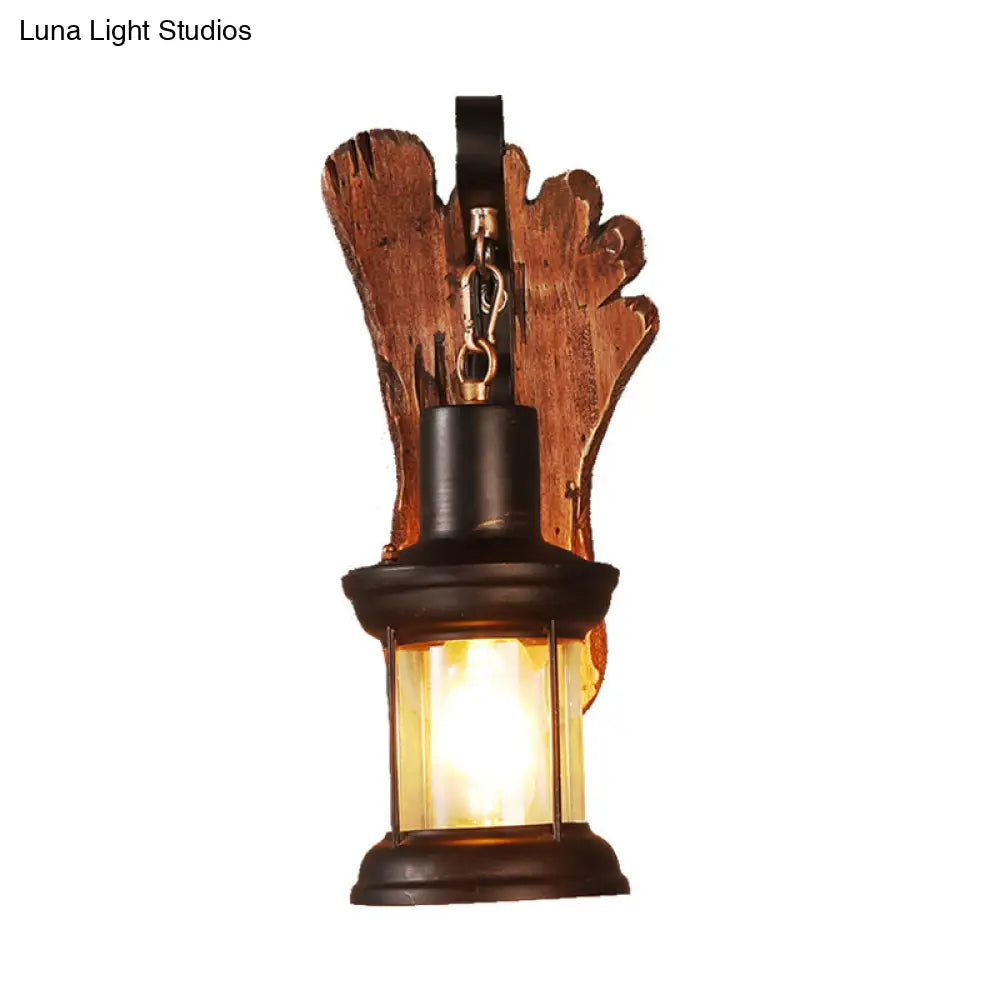 Coastal Clear Glass Kerosene Wall Lamp: Black Sconce Light With Wooden Foot