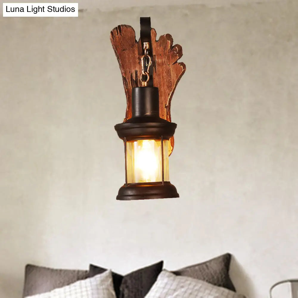 Coastal Clear Glass Kerosene Wall Lamp: Black Sconce Light With Wooden Foot