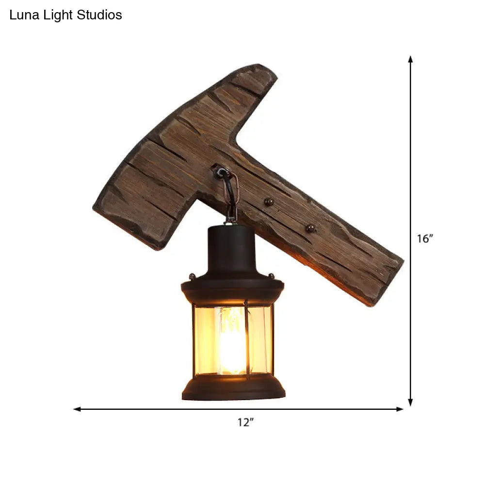 Coastal Clear Glass Kerosene Wall Lamp: Black Sconce Light With Wooden Foot