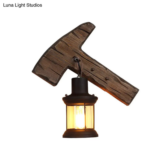 Coastal Clear Glass Kerosene Wall Lamp: Black Sconce Light With Wooden Foot