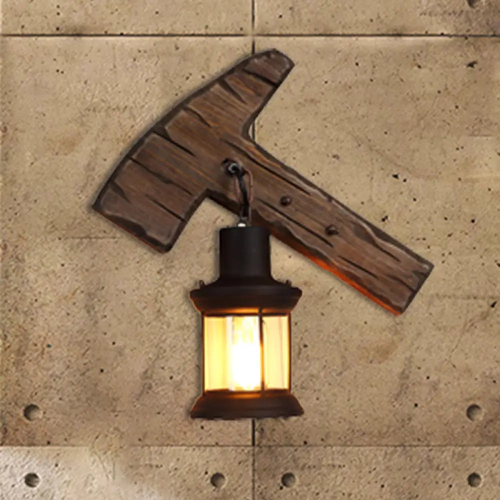 Coastal Clear Glass Kerosene Wall Lamp: Black Sconce Light With Wooden Foot / Axe